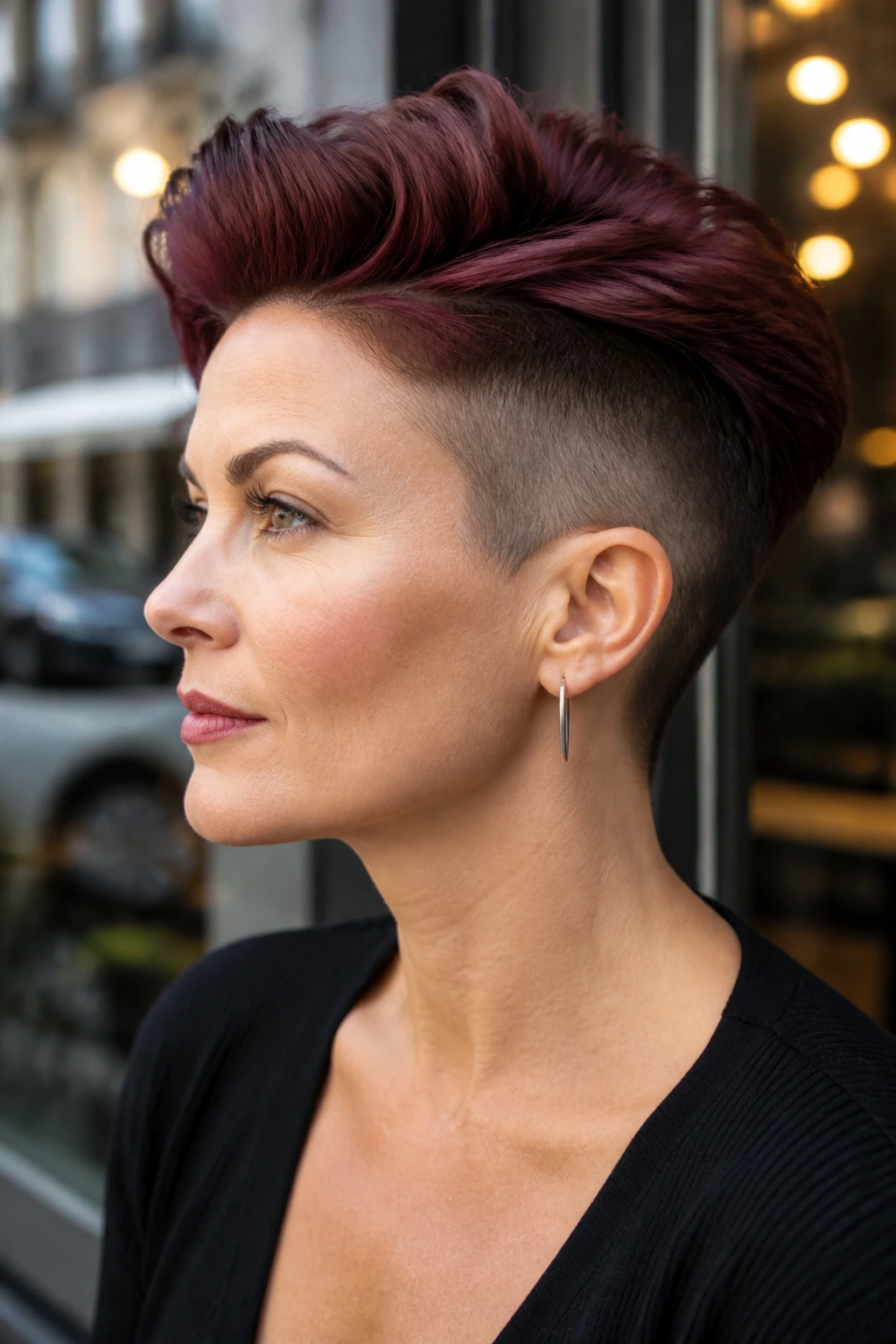 Close-up of a real woman with an undercut pixie in deep mahogany showing shaved sides and top volume