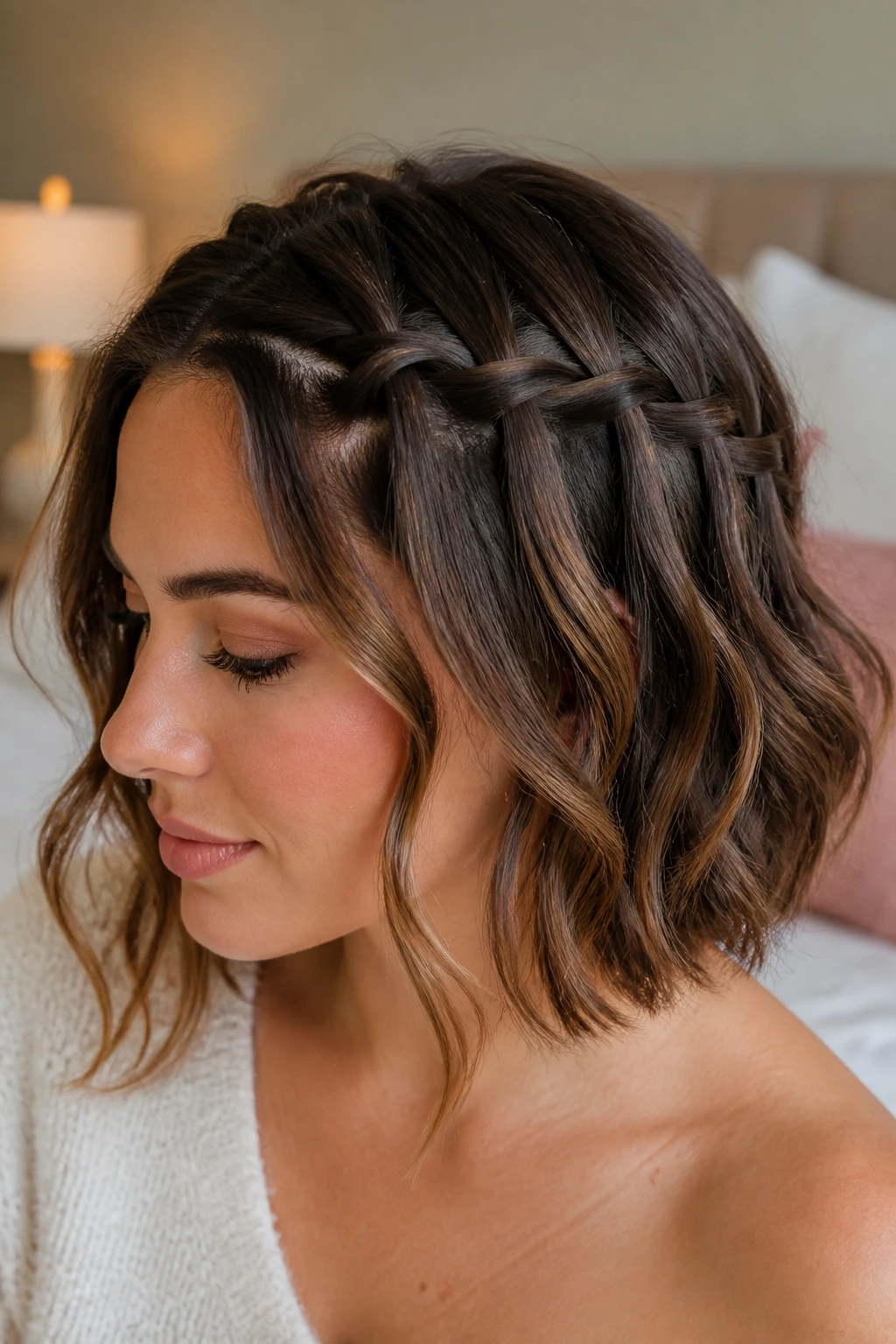 Close-up of a real woman with a waterfall braid on short hair, soft natural light