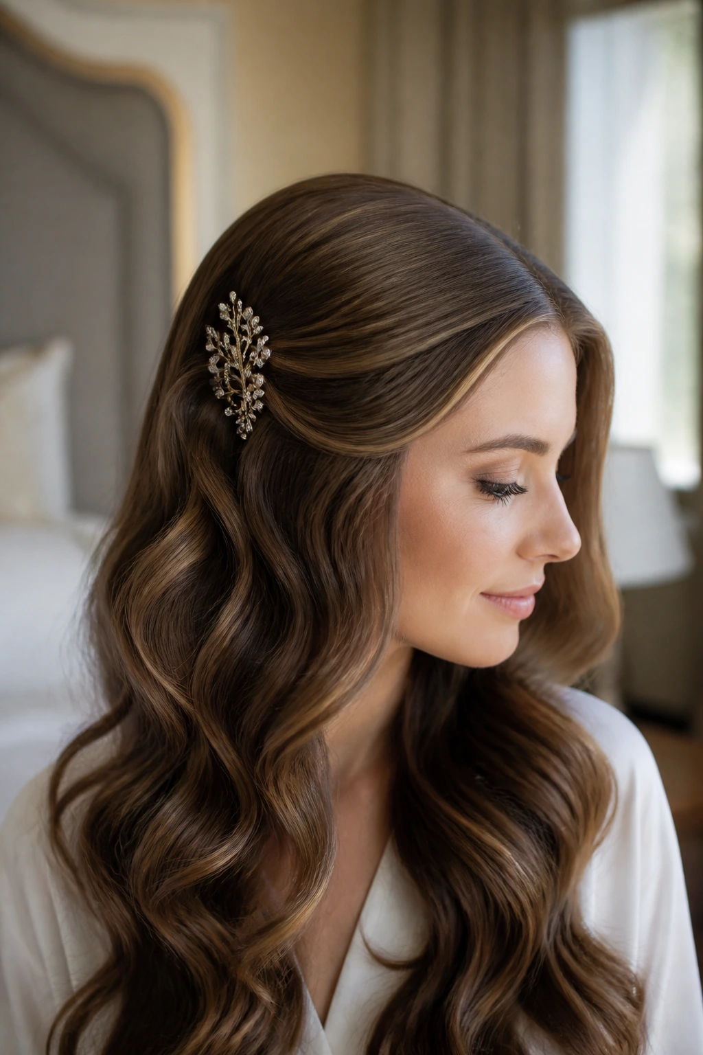 Close-up of a real woman with long thick waves and a delicate hair accessory in soft window light