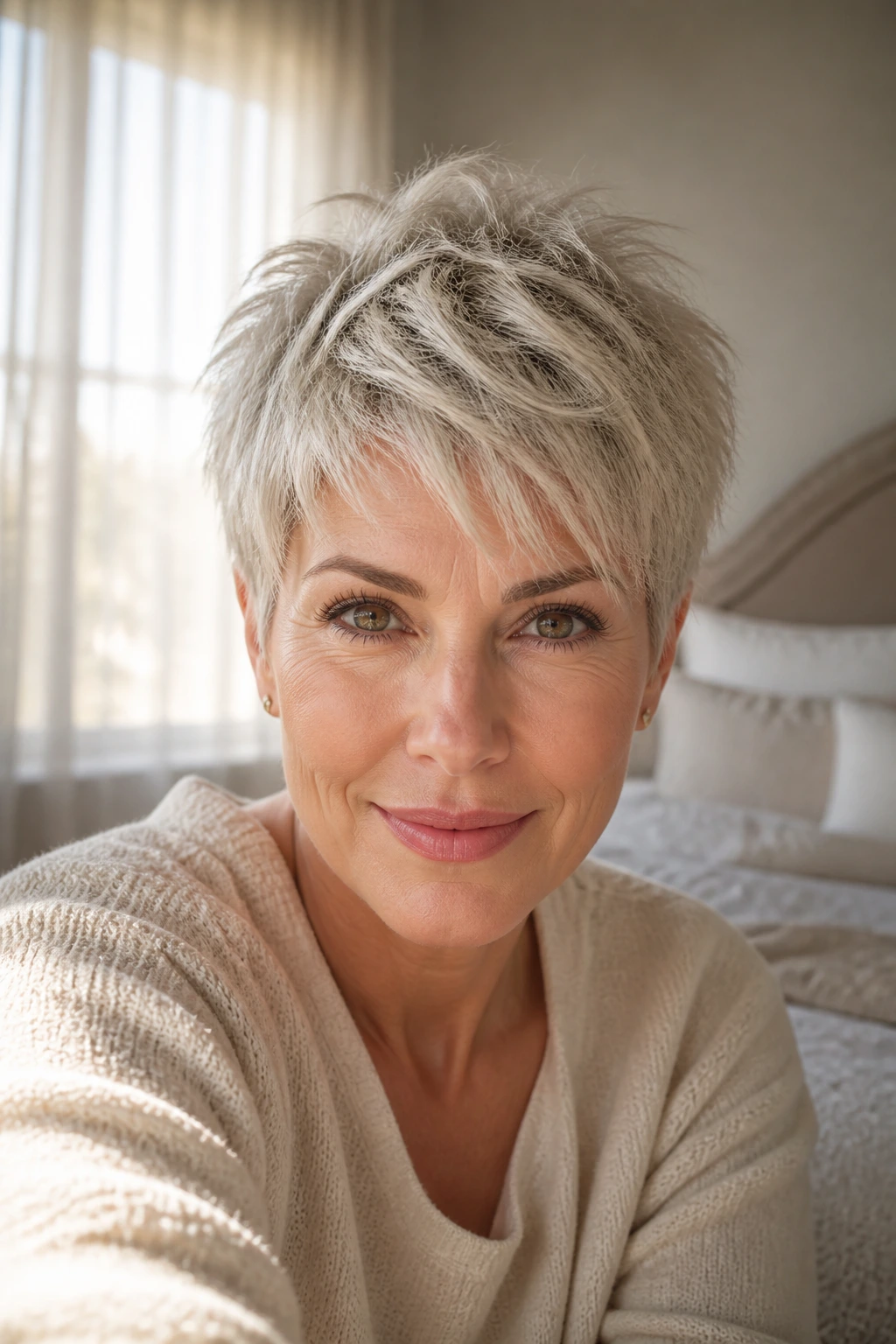 Close-up of a real woman with a wispy pixie hairstyle featuring feathered layers