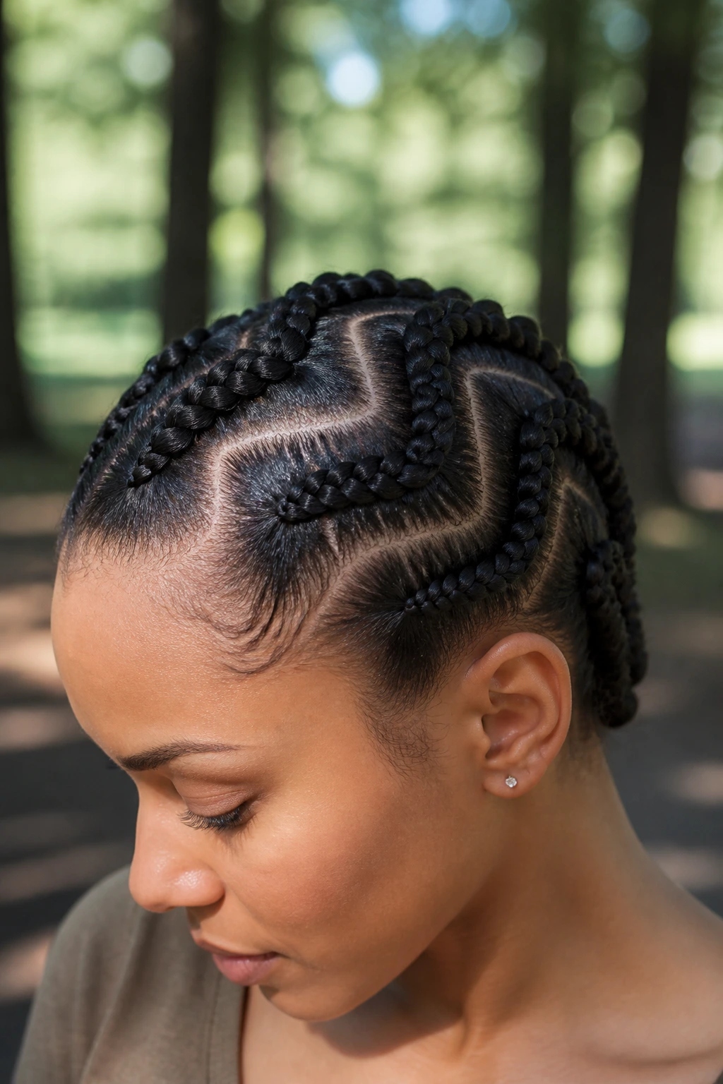 Close-up of a real woman with a zigzag braid across the scalp.